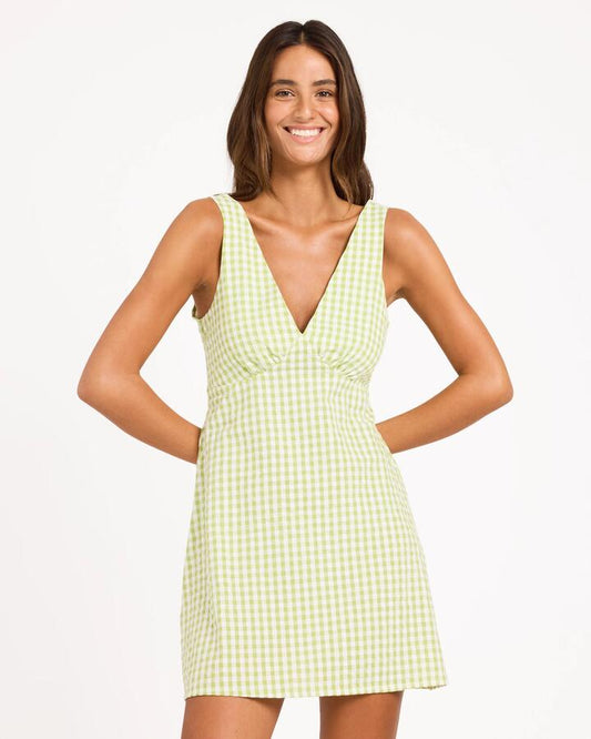 Image of Dresses. Product name - Roxy Womens Charlie Check Mini Dress Leaf Green in Leaf Green colour by brand - Roxy