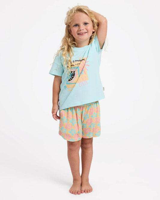 Image of a model wearing Shorts. Product name - Billabong Girls 2-7 Sun Petals Elastic Waist Shorts Sunbeam in Sunbeam colour by brand - Billabong