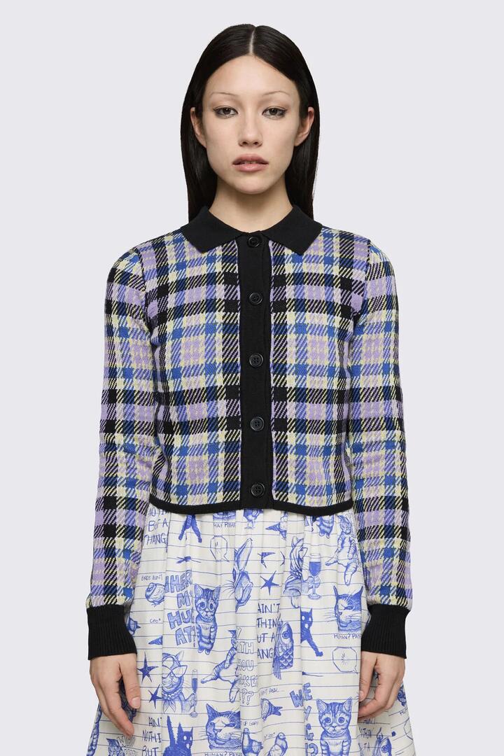 Image of Cardigans. Product name - Sketchy Tartan Knit Cardigan in Multi colour by brand - Dangerfield