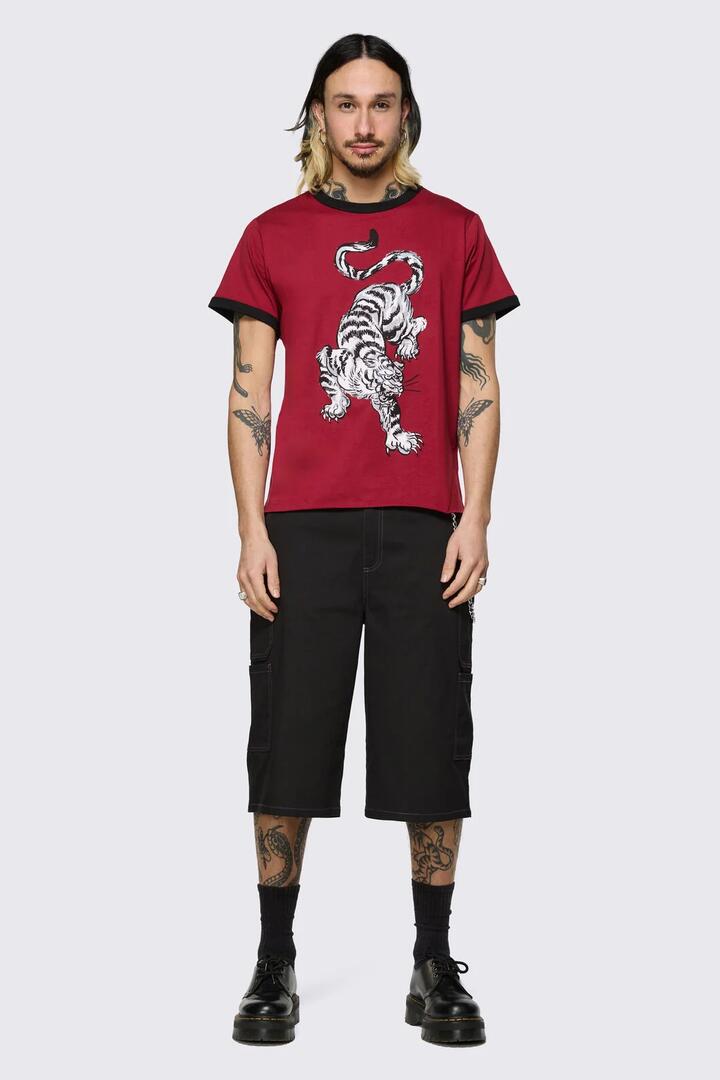 Image of T-Shirts. Product name - Big Cat Retro Ringer Tee in Red colour by brand - Dangerfield