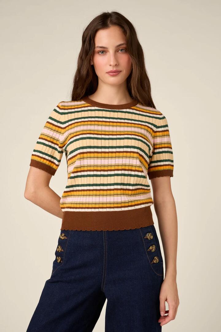 Image of a model wearing Tops. Product name - Maeve Striped Knit Top in Multi colour by brand - Princess Highway