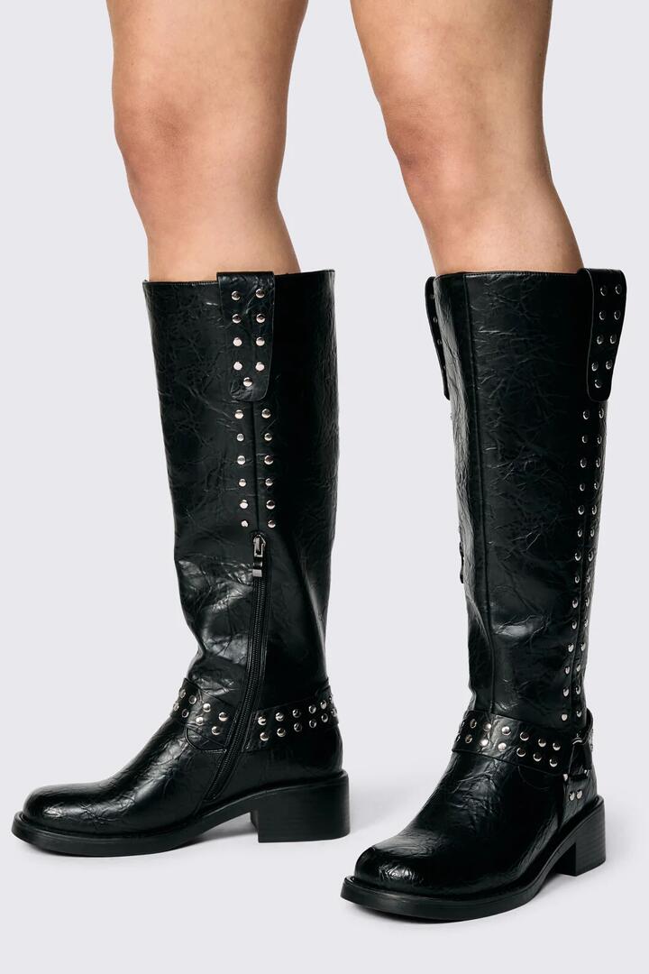 Image of Boots. Product name - Stud Biker Knee Boot in Black colour by brand - Dangerfield
