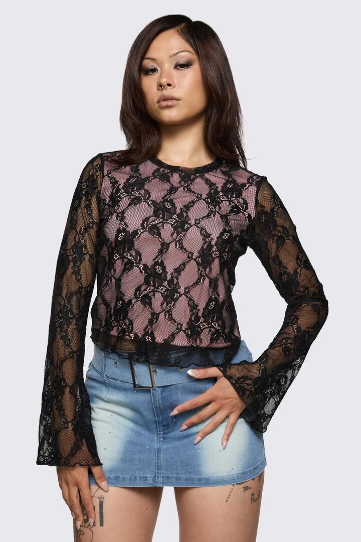 Image of a model wearing Tops. Product name - Broken Rollercoaster Lace Top in Black/Pink colour by brand - Dangerfield