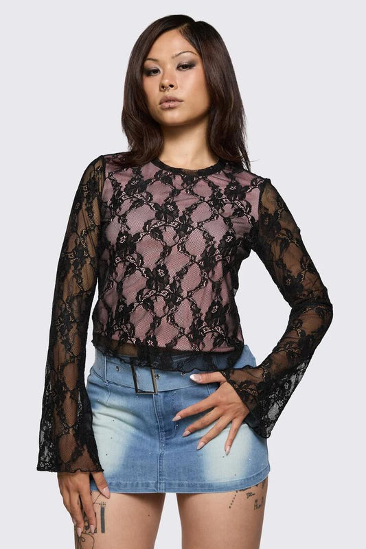 Image of a model wearing Tops. Product name - Broken Rollercoaster Lace Top in Black/Pink colour by brand - Dangerfield