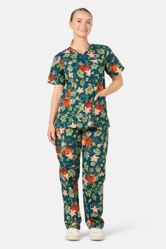 Image of a model wearing Uniforms & Workwear. Product name - Pumpkin Scrub Set in Teal colour by brand - Scrubs With Love