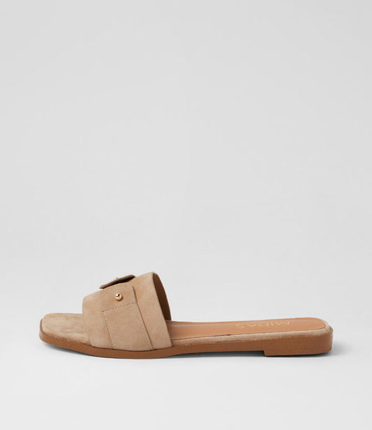 Image of Slippers. Product name - Leanora Sandy Suede Slides in Sandy colour by brand - MIDAS