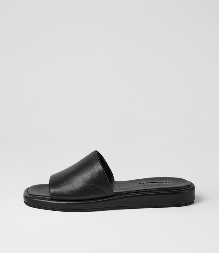 Image of Slippers. Product name - Relle Black Leather Slides in Black colour by brand - MOLLINI