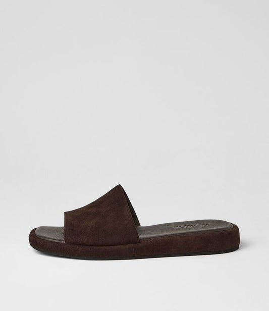 Image of Slippers. Product name - Relle Dark Choc Suede Slides in Dk Choc colour by brand - MOLLINI