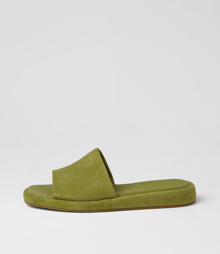 Image of Slippers. Product name - Relle Chartreuse Suede Slides in Chartreuse colour by brand - MOLLINI