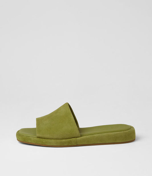Image of Slippers. Product name - Relle Chartreuse Suede Slides in Chartreuse colour by brand - MOLLINI