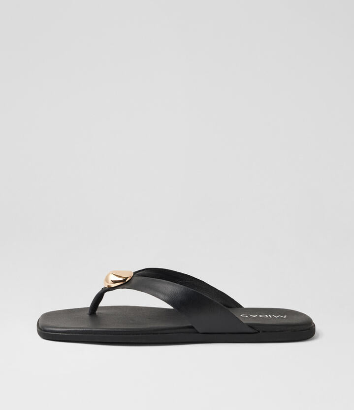 Image of Sandals. Product name - Nilah Black Gold Leather Thongs in Black-Gold colour by brand - MIDAS