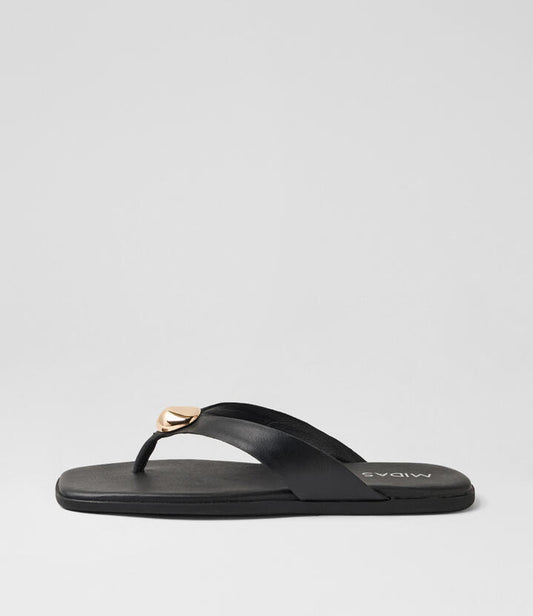 Image of Sandals. Product name - Nilah Black Gold Leather Thongs in Black-Gold colour by brand - MIDAS