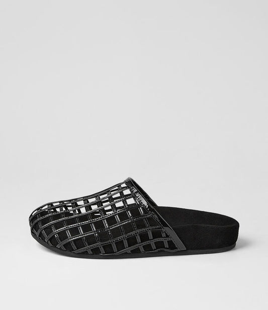 Image of Sandals. Product name - Donney Black Patent Leather Mules in Black colour by brand - MOLLINI