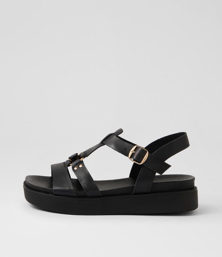 Image of Sandals. Product name - Bruno Black Leather Sandals in Black-Black Sole colour by brand - MIDAS