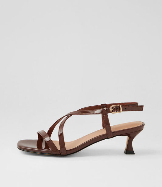Image of Sandals. Product name - Cimbal Choc Patent Leather Heeled Sandals in Choc colour by brand - MIDAS