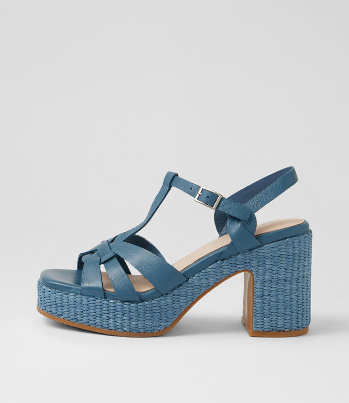 Image of Heels. Product name - Kerst Denim Leather Platform Sandals in Denim-Denim Heel colour by brand - MIDAS