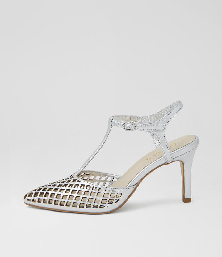 Image of Heels. Product name - Buttercup Silver Leather Heels in Silver colour by brand - MIDAS