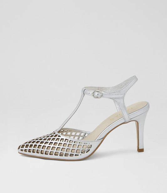 Image of Heels. Product name - Buttercup Silver Leather Heels in Silver colour by brand - MIDAS