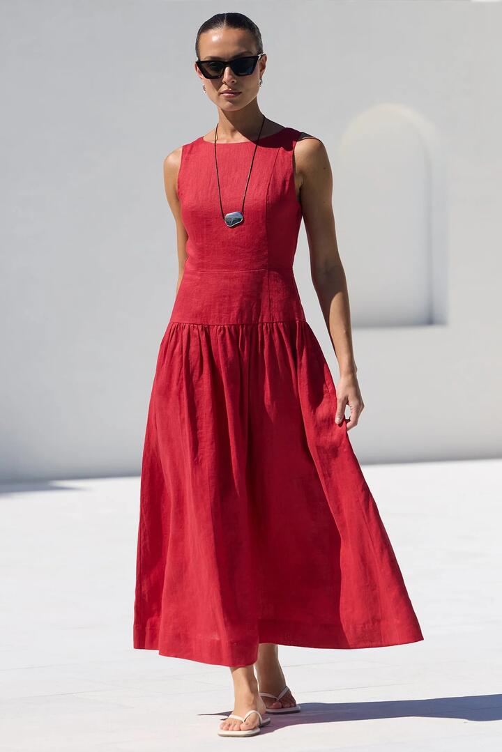 Image of Dresses. Product name - Results Red Linen Structured Sleeveless Maxi Dress in Red colour by brand - Stories be Told