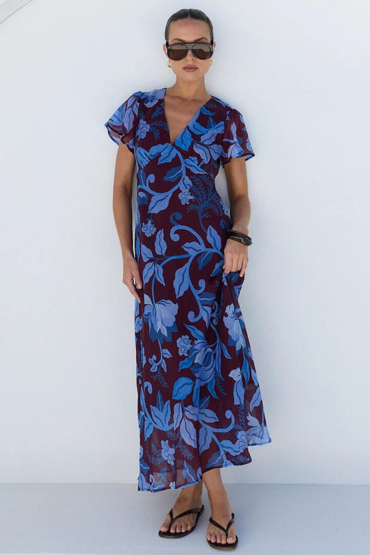 Image of Dresses. Product name - Chariot Burgundy Blue Floral Flutter Sleeve Maxi Dress in Burgundy Blue Floral colour by brand - Among the Brave