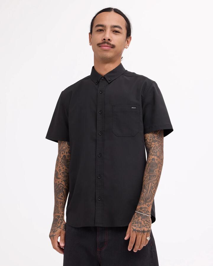 Image of Shirts. Product name - Rvca Mens That"Ll Do Stretch Pocket Short Sleeve Shirt Black in Black colour by brand - Rvca