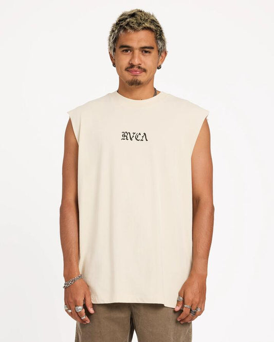 Image of a model wearing Tops. Product name - RVCA Mens Rvca Stacked Muscle Silver Bleach in Silver Bleach colour by brand - RVCA