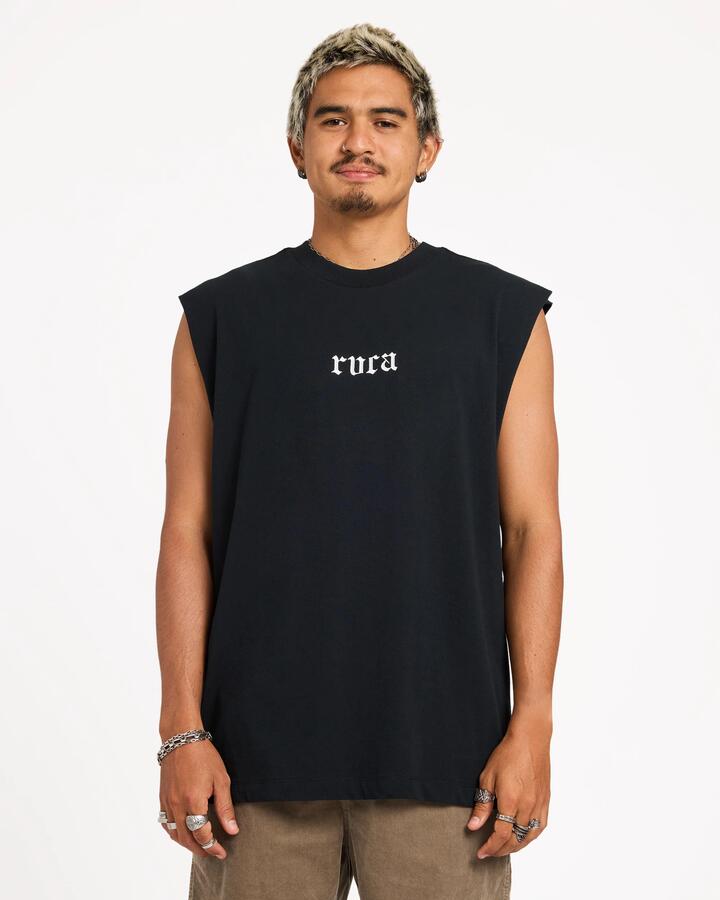 Image of a model wearing Tops. Product name - RVCA Mens Old Rvca Muscle Rvca Black in Rvca Black colour by brand - RVCA