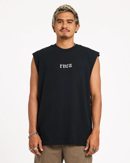 Image of a model wearing Tops. Product name - RVCA Mens Old Rvca Muscle Rvca Black in Rvca Black colour by brand - RVCA