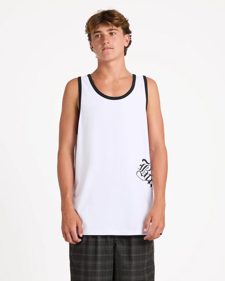 Image of a model wearing Tops. Product name - Billabong Mens Immortal Tank Top White in White colour by brand - Billabong