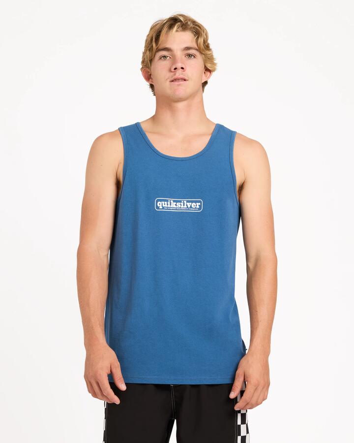 Image of a model wearing Tops. Product name - Quiksilver Mens Centres Tank Top Blue Horizon in Blue Horizon colour by brand - Quiksilver