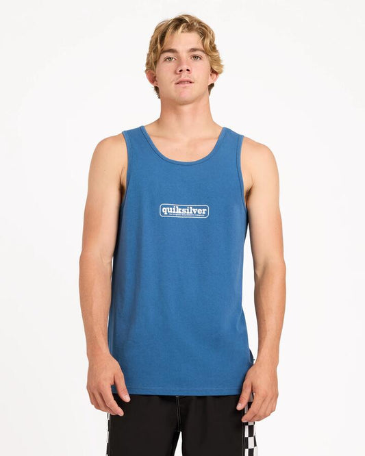 Image of a model wearing Tops. Product name - Quiksilver Mens Centres Tank Top Blue Horizon in Blue Horizon colour by brand - Quiksilver