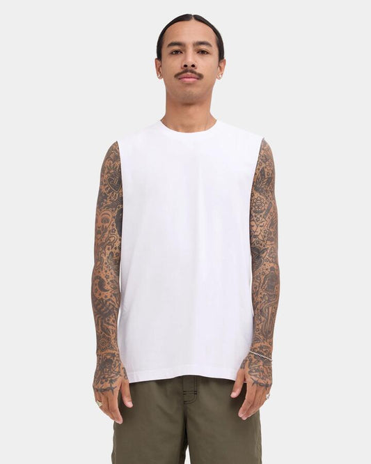 Image of a model wearing Tops. Product name - RVCA Mens Rvca Standard Muscle White in White colour by brand - RVCA