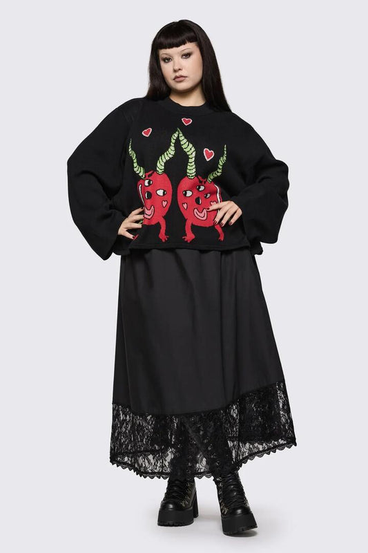 Image of a model wearing Tops. Product name - Curve Cherry Poppin' Skivvy in Black colour by brand - Black Friday