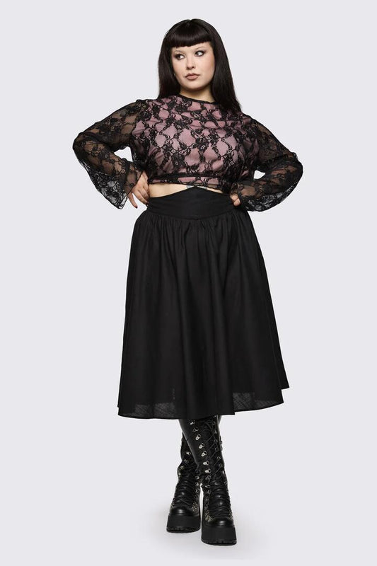 Image of a model wearing Skirts. Product name - Curve Mythical Goth Yoke Skirt in Black colour by brand - Black Friday