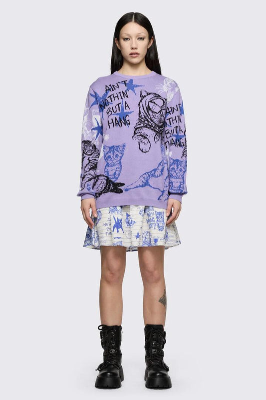 Image of a model wearing Tops. Product name - Sketchy Long Sleeve Jumper in Purple colour by brand - Dangerfield