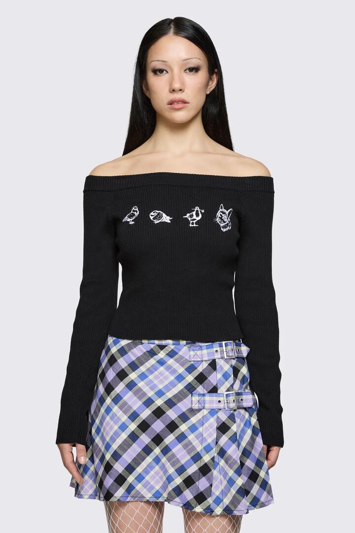 Image of a model wearing Tops. Product name - Sketchy Off The Shoulder Knit in Black colour by brand - Dangerfield