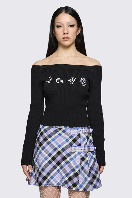 Image of a model wearing Tops. Product name - Sketchy Off The Shoulder Knit in Black colour by brand - Dangerfield