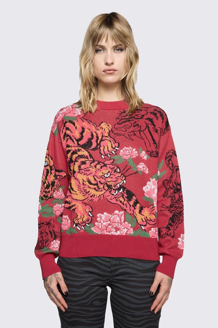Image of a model wearing Tops. Product name - Big Cat Knit in Red colour by brand - Dangerfield