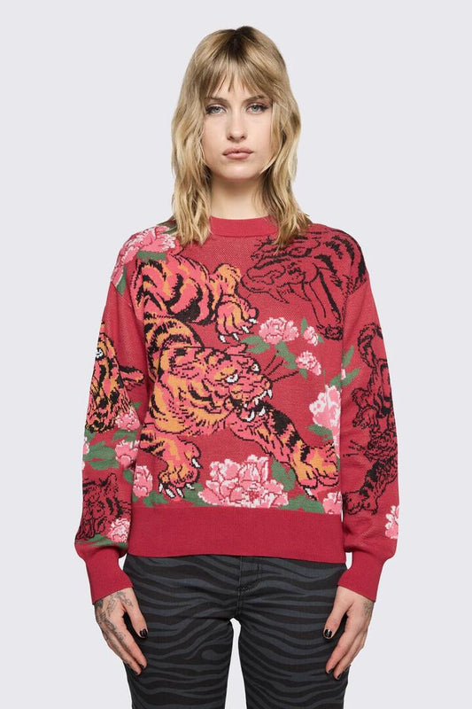 Image of a model wearing Tops. Product name - Big Cat Knit in Red colour by brand - Dangerfield
