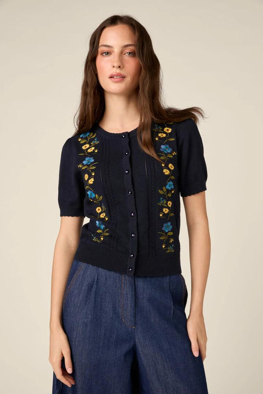 Image of Cardigans. Product name - Chloe Embroidered Cardigan in Navy colour by brand - Princess Highway
