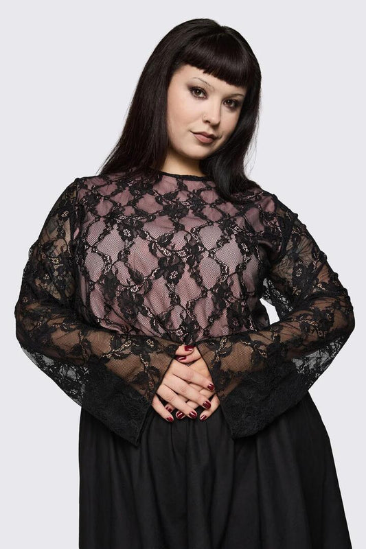 Image of a model wearing Tops. Product name - Curve Broken Rollercoaster Lace Top in Black/Pink colour by brand - Dangerfield
