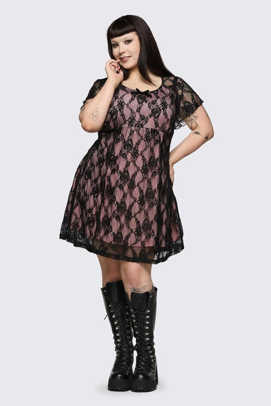 Image of Dresses. Product name - Curve Broken Roller Coaster Lace Babydoll Dress in Black/Pink colour by brand - Dangerfield