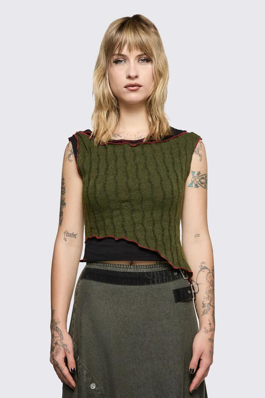 Image of a model wearing Tops. Product name - Outbreak Top in Black/Olive colour by brand - Black Friday
