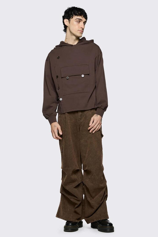 Image of a model wearing Outerwear. Product name - Low Whisper Hoodie in Brown colour by brand - Black Friday