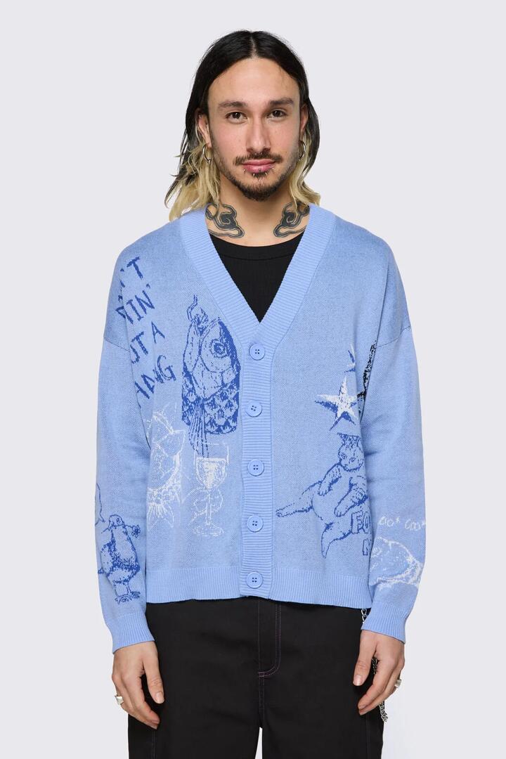 Image of Cardigans. Product name - Sketchy Cat V-Neck Cardigan in Purple colour by brand - Dangerfield