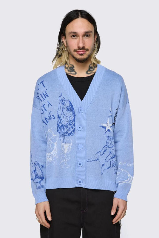Image of Cardigans. Product name - Sketchy Cat V-Neck Cardigan in Purple colour by brand - Dangerfield