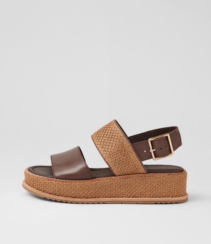 Image of Heels. Product name - Vizmo Choc Coffee Leather Synthetic Raffia Platform Wedge Sandals in Choc-Coffee colour by brand - MIDAS