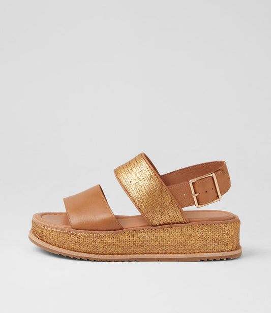 Image of Heels. Product name - Vizmo Dark Tan Old Gold Leather Synthetic Raffia Platform Wedge Sandals in Dk Tan-Old Gold colour by brand - MIDAS
