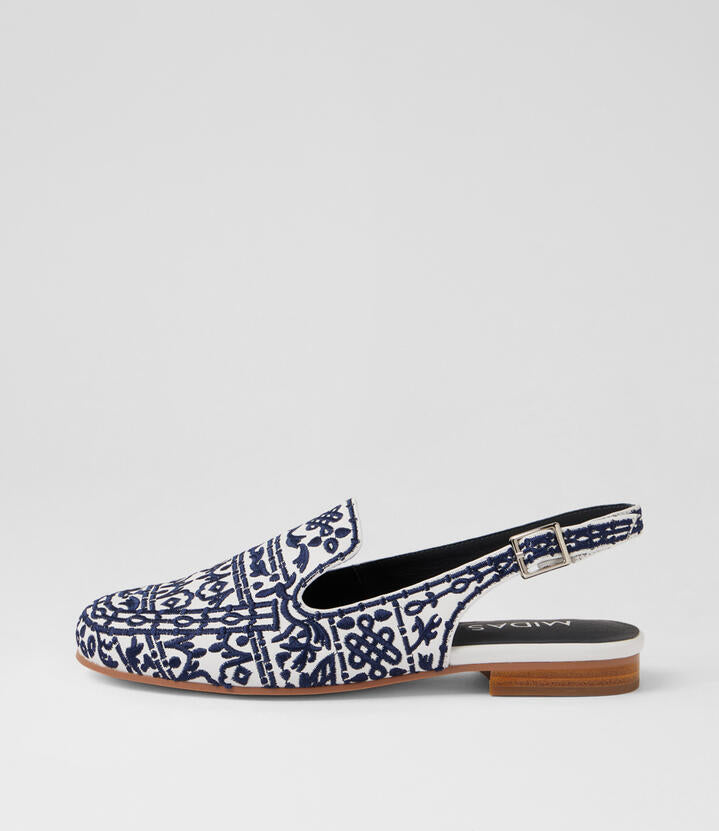Image of Flats. Product name - Review White Navy Multi Slingbacks in White-Navy colour by brand - MIDAS