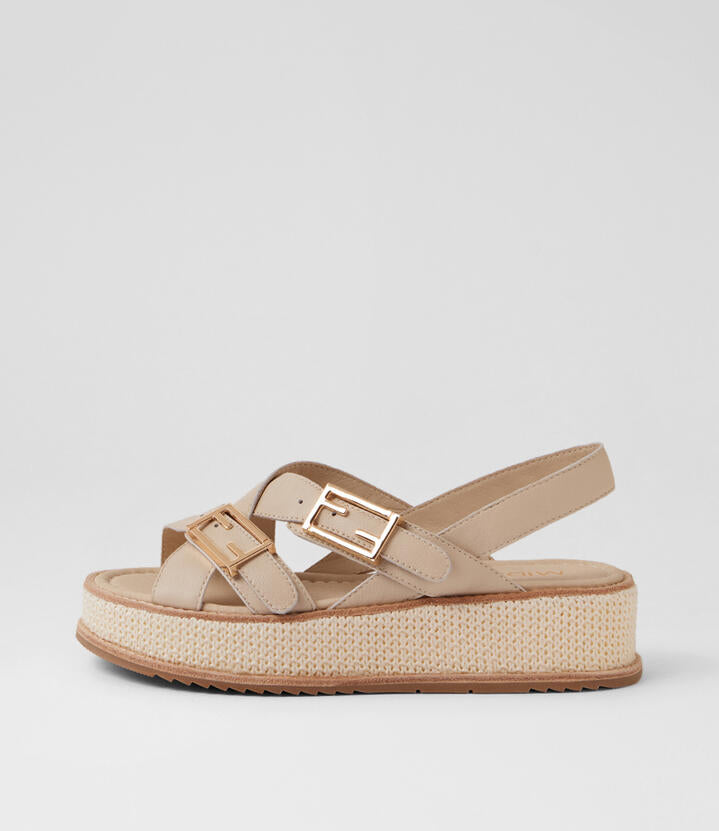 Image of Heels. Product name - Vudu Milk Ivory Leather Synthetic Raffia Platform Wedge Sandals in Milk-Ivory colour by brand - MIDAS